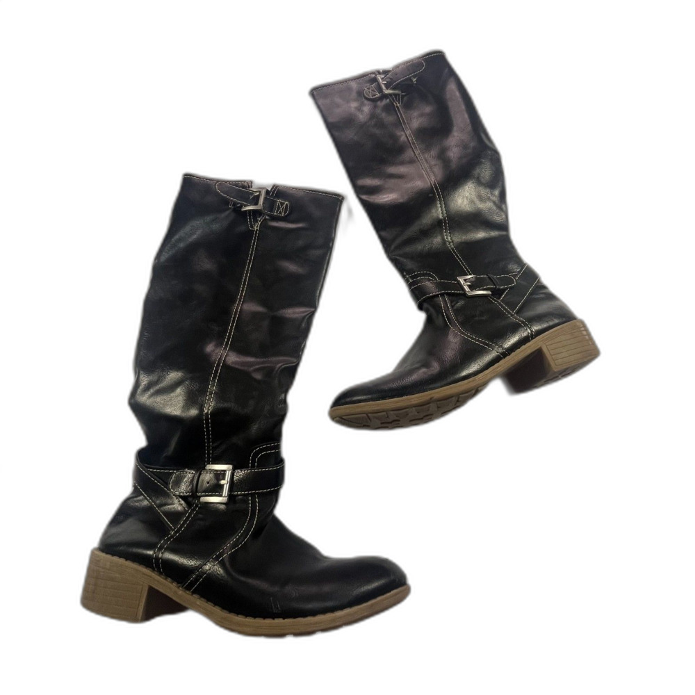 Black Faux Leather Boots Women's Size 7.5 Knee-High Boots Western Boho Indie